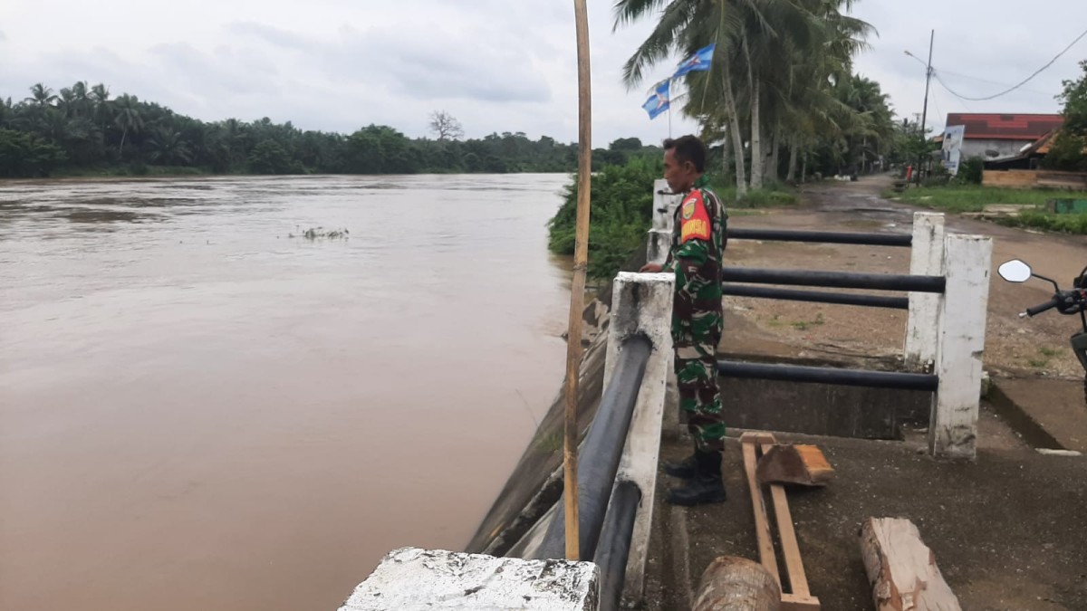 Sertu Bambang Babinsa Koramil 406-04/Muara Lakitan Patroli pastikan ketinggian debit Air sungai Lakitan.