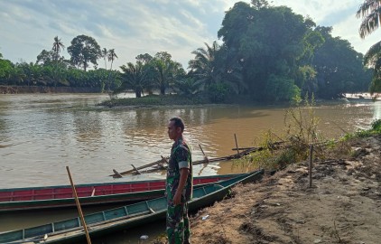 Babinsa melaksanakan monitoring kegiatan Gulbencal pengecekan debit air sungai rawas.