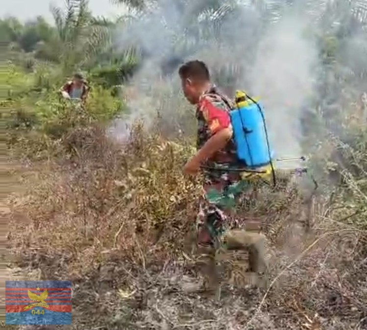 Babinsa Koramil 406-04/Muara Lakitan Bersama Polsek dan Masyarakat Gotong Royong Padamkan Kebakaran Lahan di Desa Bomulih I